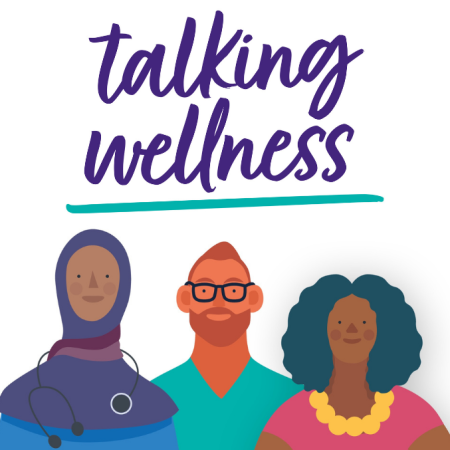 'talking wellness', three employees smiling graphic