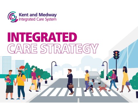 Front cover of the integrated care strategy showing a busy town with lots of people