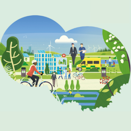 animated image of green spaces outside a hospital