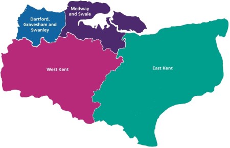 Map showing the Kent and Medway ICPs Medway and Swale, Dartford, Gravesham and Swanley, East Kent and West Kent