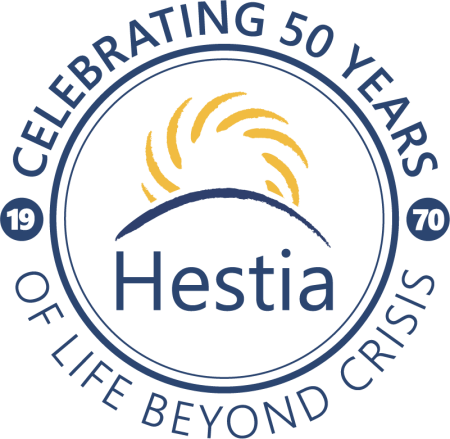 Hestia 50 year logo, 'celebrating 50 years of life beyong crisis'