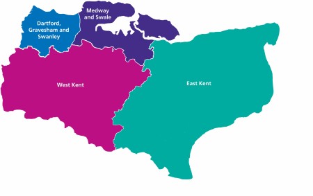 Map containing Medway and Swale, East Kent, West Kent, Dartford, Gravesham and Swanley